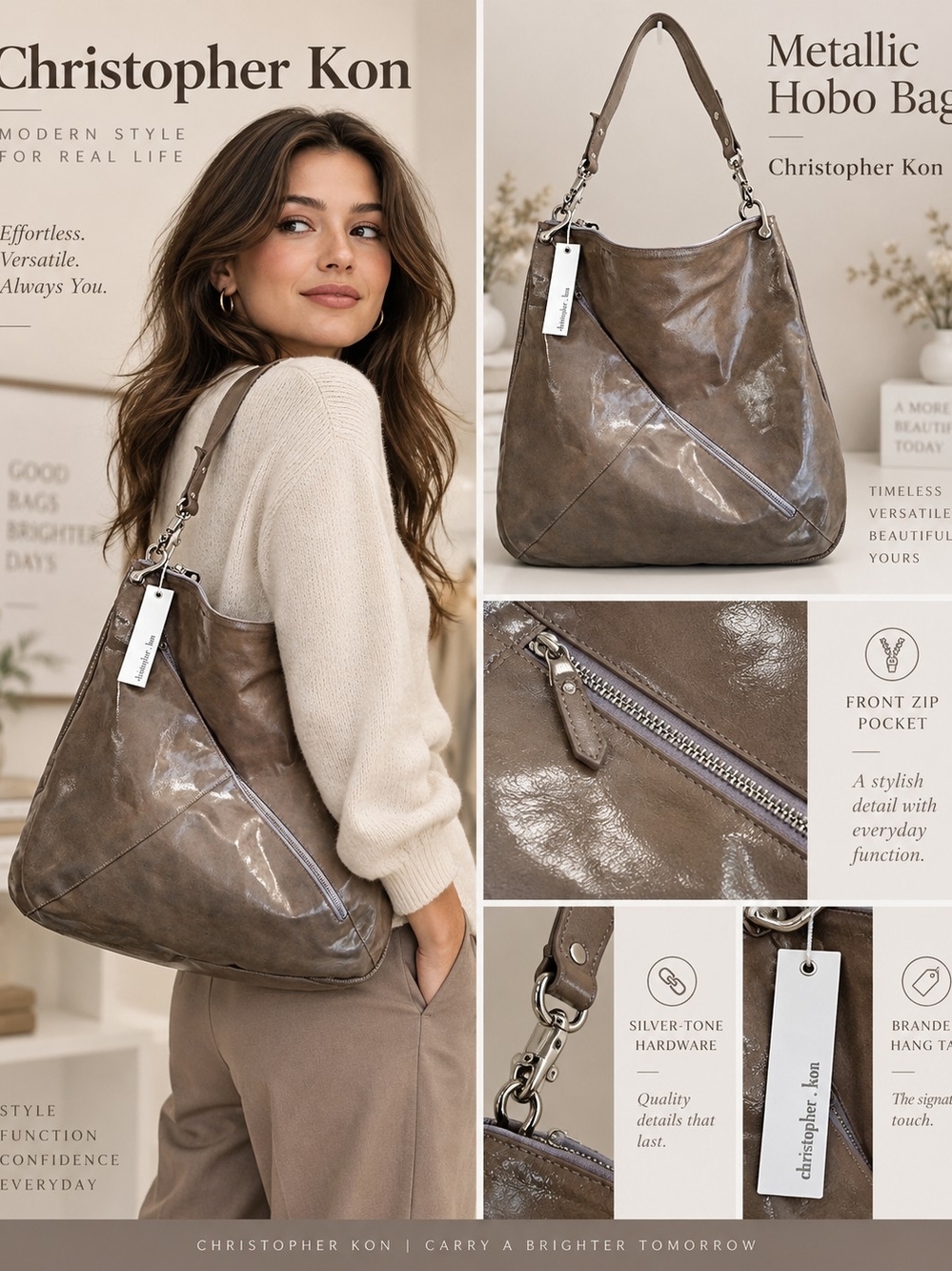 Christopher Kon Metallic Taupe Hobo Bag — Sleek Shoulder Hobo
